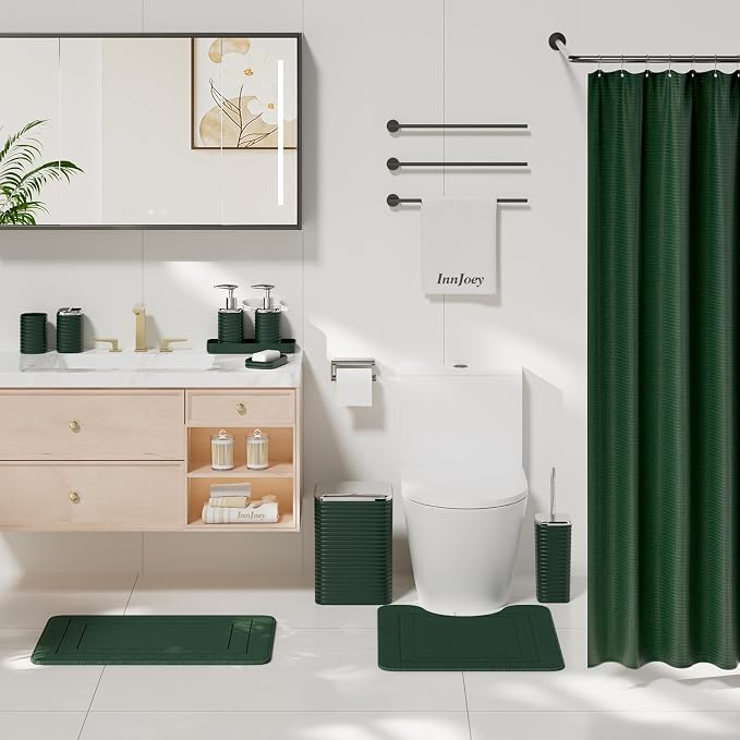 Bathroom Set - 25PC Bathroom Sets with Shower Curtain and Rugs, Green Bathroom Set, Bathroom Accessory Set, Luxury Bathroom Accessories Set, Trash Can, Toilet Brush, Soap Dish & Soap Dispenser