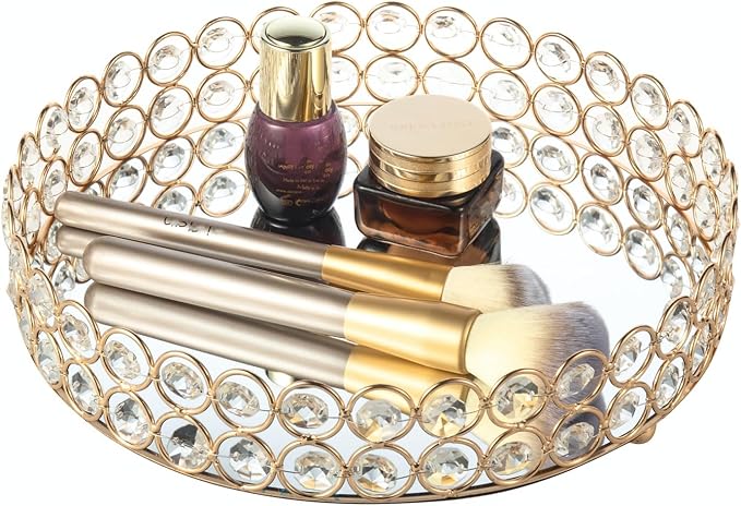 Feyarl Crystal Perfume Tray Makeup Cosmetic Vanity Organizer Jewelry Trinket Display Storage Mirrored Decorative Tray Skin Care Tray for Dresser Home Deco Birthday Gift(Round 10" inch) (Gold)
