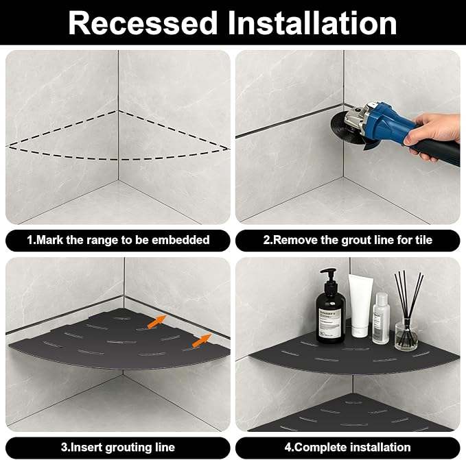 soaez Matte Black Corner Shower Shelf, SUS304 Stainless Steel Recessed Bathroom Shower Shelves, No Drilling Grout Mount Shelf for Shower, Bathroom Accessories (8", 2Pack)
