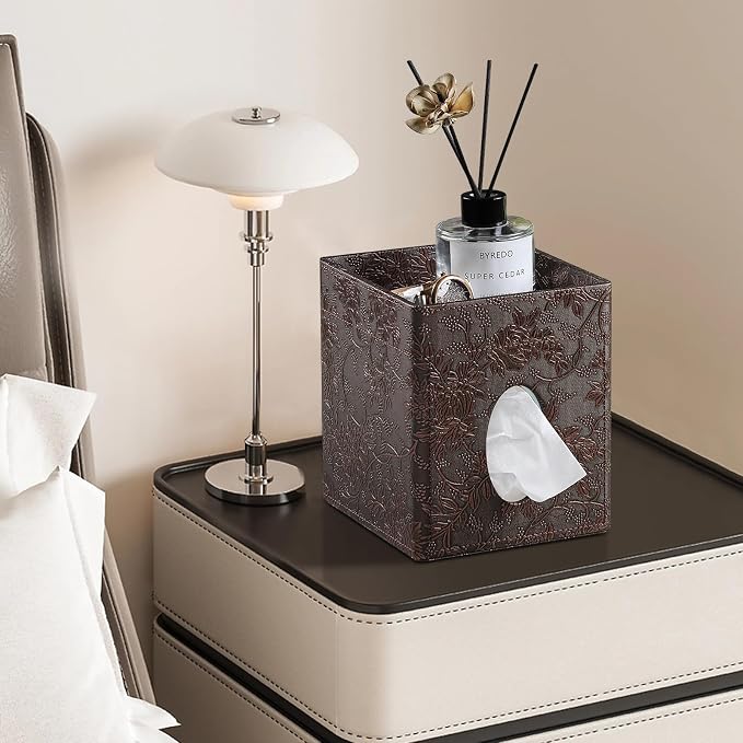 Square Tissue Box Cover, Stylish Leather Tissue Box Holder with Magnetic Bottom, Used As A Decorative Tissue Holder for Living Rooms, (Beige Woven Pattern) (Two-Layer Brown Grape Pattern)