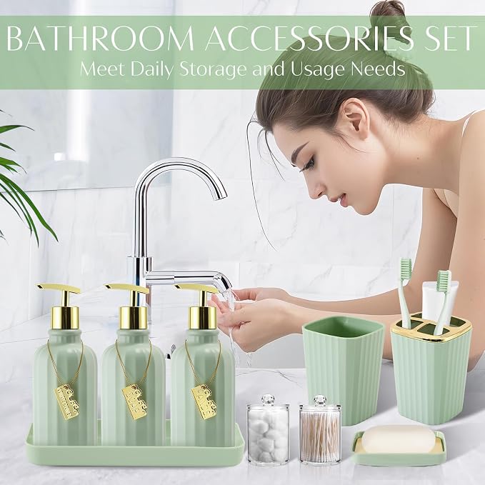 17PCS Bathroom Accessories Set, Green Bathroom Set Bathroom Accessories Set with Trash Can, Toilet Brush, Toothbrush Holder, Qtip Holder & 3PCS Soap Dispenser