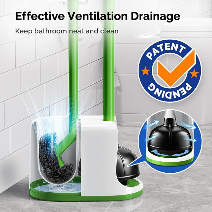 HAMITOR Toilet Plunger Bowl Brush Combo：Heavy Duty Rubber for Drain Clog | Curved Design Bristles for Deep Cleaning Under Rim - Compact Bathroom Cleaning Tools for New Homet Essentials, Green