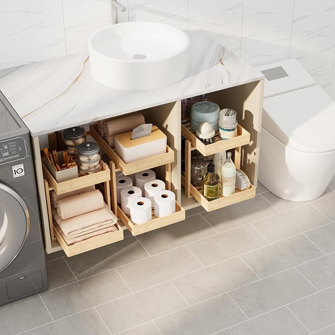 APRTAT 2 Pack Bamboo Under Sink Organizer, 2-Tier Pull Out Storage Drawers | Smooth pull-out drawers keep cleaners and tall bottles visible, organized and easy to reach in kitchen or bathroom cabinets
