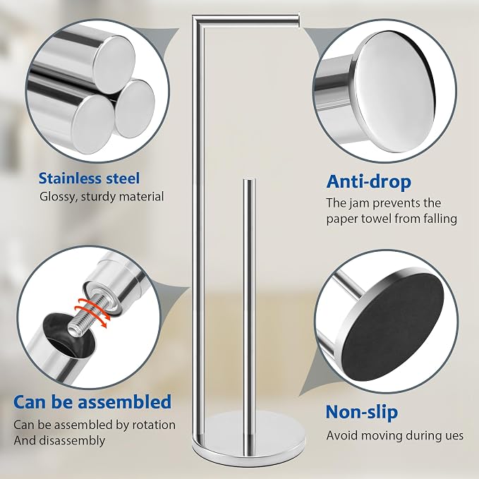 Toilet Paper Holder Stand, Bathroom Free Standing with Storage, Chrome | Rustproof Toilet Paper Roll Holder for 4 Rolls,with Non-Slip Stable Base,Bathroom Organizers and Storage