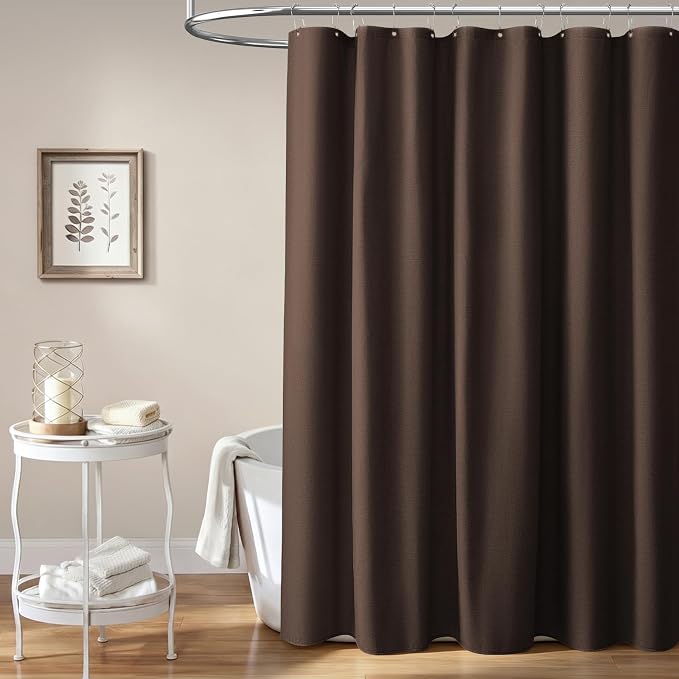 84x72 Wide Linen Textured Waterproof Thick Cloth Shower Curtain, Brown | Wide Size, 230GSM Polyester, Heavy Duty Fabric, Weighted Hem, 14 Plastic Hooks, Modern Luxury Hotel Style, Machine Washable