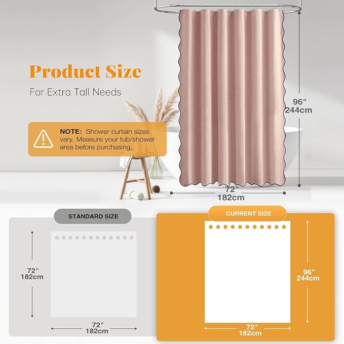 Extra Long Scalloped Linen Textured Shower Curtain, 72x96, Blush Pink | Extra Tall Size, 230GSM Waterproof Polyester, Heavy Duty Fabric, 12 Plastic Hooks, Boho Farmhouse Style, Machine Washable