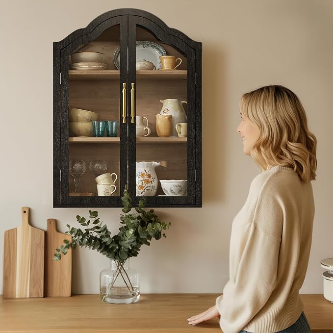 Arched Wall Cabinet Above Toilet Cabinet, 31.5×23.6 Inch Wall Mounted Cabinets with Tempered Glass Doors & Adjustable Shelves, Wood Organizer for Laundry Room, Kitchen, Bathroom (Black)
