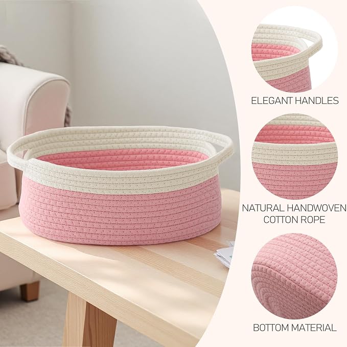 JMvicyroam Small Woven Basket, Empty Gift Basket, White&Pink/1 Pack | Small Gift Basket, Cotton Rope, 12 x 8 x 69 in, Handles, Includes Ribbon and Bag, Birthday Gift Basket