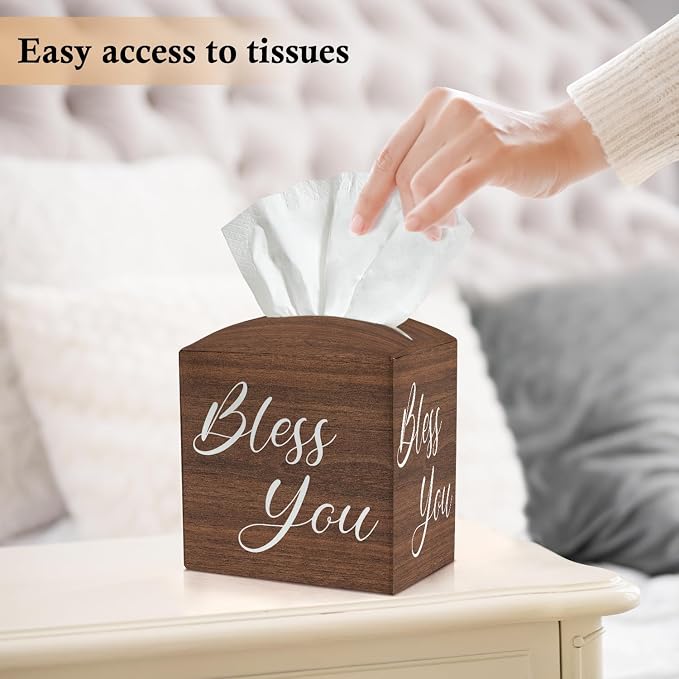 Bless You Tissue Box Covers Square, Wooden Board Texture Leather Tissue Box Holders Decorative for Car Nightstand Home Office Bathroom Organizer, Square Facial Paper Organizer Home Decor -021