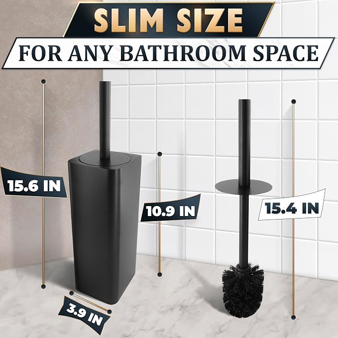 Black Toilet Brush and Holder Set, Stainless Steel Material (Black) | Toilet Bowl Brush and Holder, Squircle Bowl Shape and Removable Inner Bowl, Dense Bristles, Long Handle, Scratch Resistant