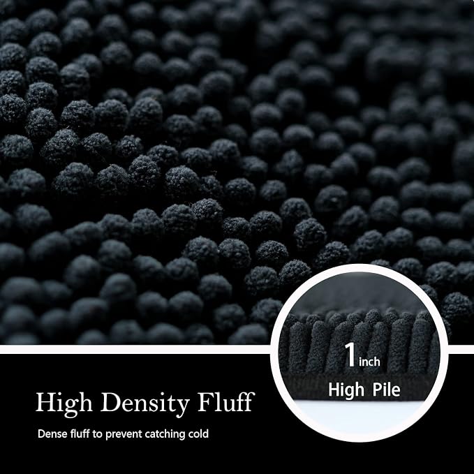 Bathroom Rugs Chenille Bath mat 2 Piece Set, Super Absorbent, Strong PVC Non Slip Backing, Bath mats for Bathroom, Plush Shaggy, Thick, Machine Washable, Bathtub, Shower, Toilet.(Black)