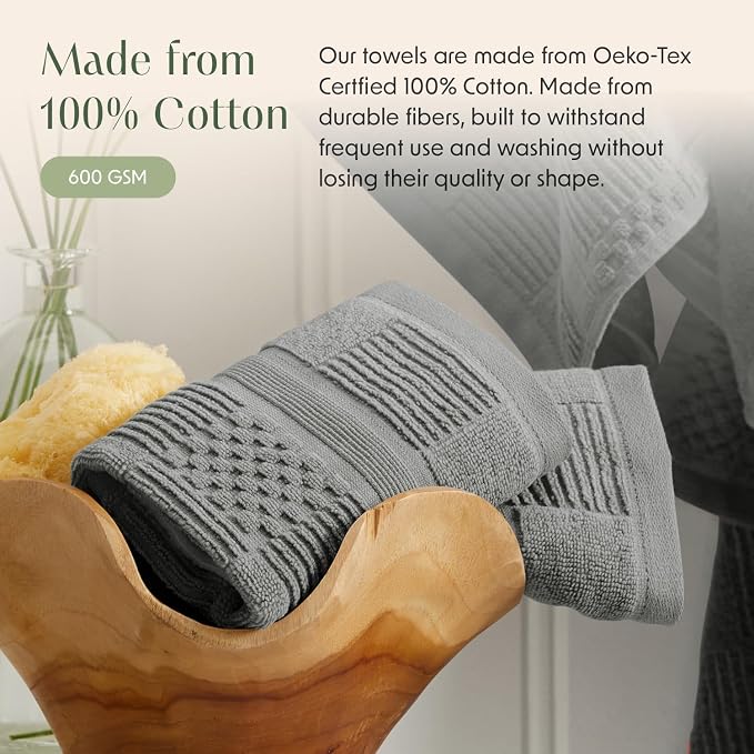 100% Cotton Bath Towel Set | 4-Pack | Textured Carbon Grey | Luxury Geometric Design | Absorbent & Quick-Dry Bathroom Towels | Textured and Durable Cotton Towels for Bathroom | OEKO-TEX