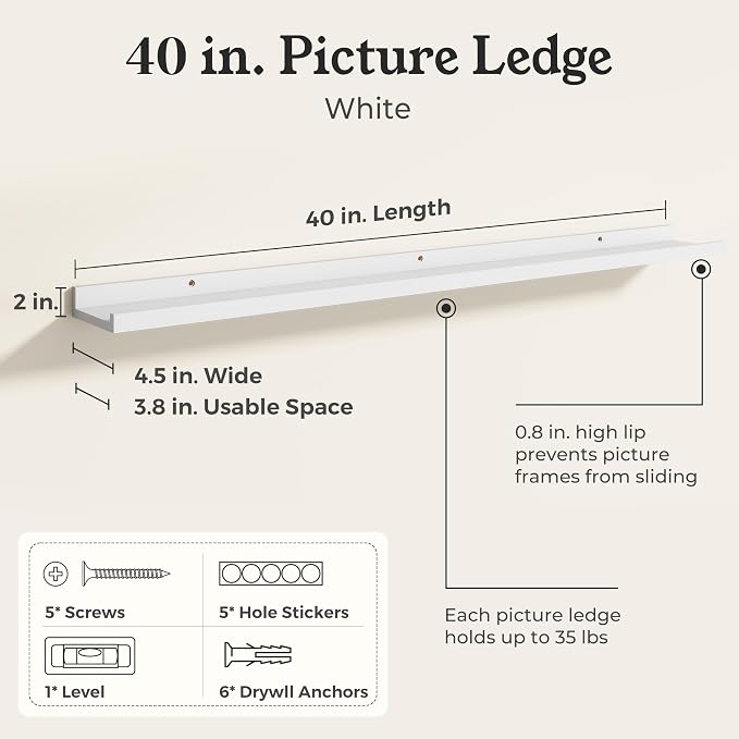 White Picture Ledge Shelves for Wall, 4.5" Deep Wood Floating Shelves with Lip for Bedroom, Living Room, 40" Width, Color White Set of 2