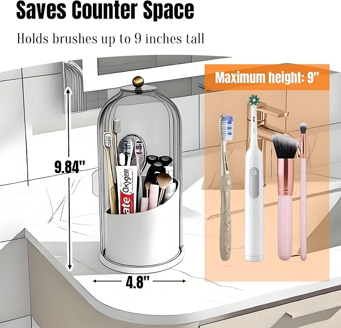 JEESA Dustproof Toothbrush Holder with Cover, Grey/White | 360° Rotating, 180° Sliding Lid, 3 Slots, Toothbrush Organizer, for Bathroom Countertop