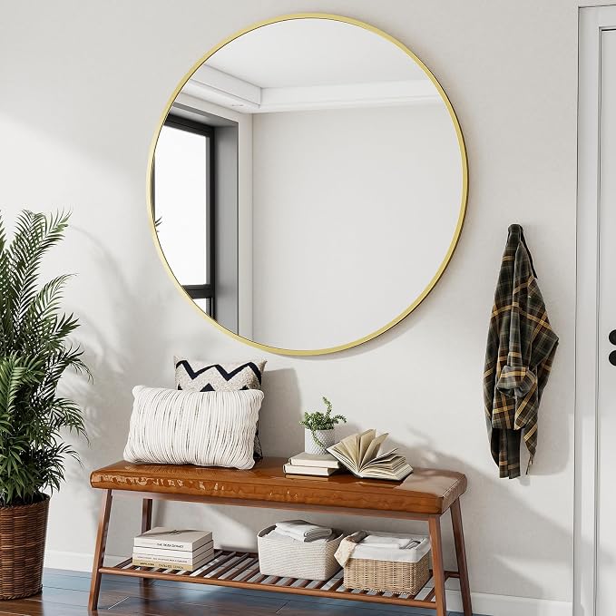 Large Gold Round Bathroom Mirror 48" with Thin Metal Frame | Circle Wall Mounted Mirror Hanging or Leaning Decor for Hallway, Entryway, Fireplace Mantel, Living Room