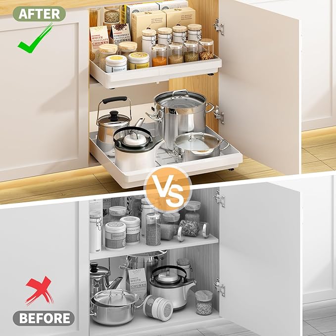 DOMNIU Pull Out Cabinet Organizers Expandable,White,20.8" Depth,2 Pack | Slide Out Drawers for Kitchen, Bathroom, Pantry, Under Sink Storage, Fixed with Adhesive Nano Film (13''-19'')