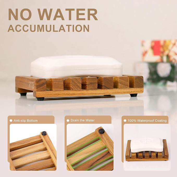 HTB Slotted Bar Soap Holder Teak Wood for Bathroom | Kitchen Wooden Sponge Holder, Self Draining Soap Dish for Shower, Sink, Bathroom, Bathtub, RV,Soap Saver Keep Soap Dry