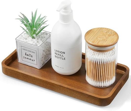 ALELION 10" Acacia Wood Bathroom Vanity Tray for Counter, Wooden Soap Dispenser Tray for Kitchen, Toilet Tank Tray, Perfume Makeup Jewelry Catchall Organizer