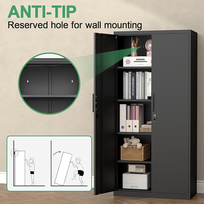 Black Storage Cabinet, Metal Garage Storage Cabinets with Adjustable Shelves, 72.05" H Heavy Duty Tall Cabinet with Locking Doors, Steel Organizer for Basement, School