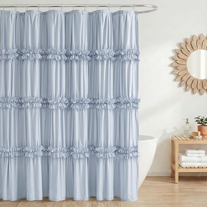 LIPA Extra Long Boho Shower Curtain Rustic Ruffle Shower Curtain with Ruched & Bow Vintage Farmhouse Shower Curtains for Bathroom Bohemian Bathroom Decor(Fog Blue,72x84 Inches)
