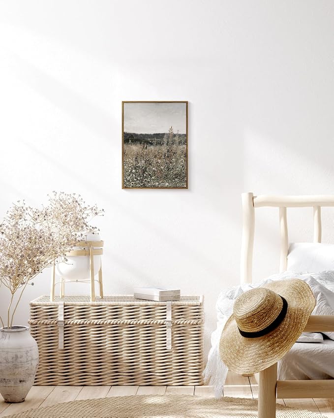 InSimSea Framed Canvas Prints Art Vintage Decor, Wildflower Field Meadow with Flowers Painting, Rustic Landscape Wall Art for Living Room Bedroom Home Bathroom Wall Decor, 12x16inch