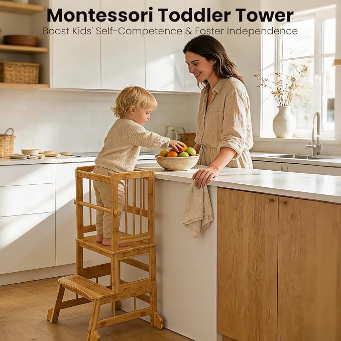 HBTower Toddler Standing Tower, Kids Kitchen Step Stool with Safety Rails | Stable Toddler Learning Tower for Kitchen Counter with Anti-Slip Feet, Hold Up to 450 LBS, Natural Bamboo & Easy to Clean
