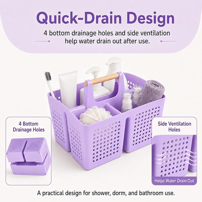 Portable Shower Caddy Basket with 3 Compartments and Handle, Purple | Plastic Divided Beauty Caddy Organizer for Hair Care, Cosmetics, Toiletries, Craft Supplies, Dorms and Vanities