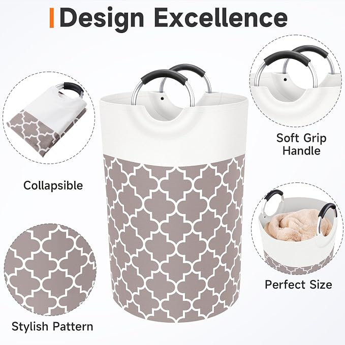 Large Laundry Basket, 75L Tall Collapsible Hamper with Handles, Khaki | Freestanding Laundry Hamper, Waterproof Dirty Clothes Storage Bag for College, Bathroom, Foldable Washing Bin for Travel