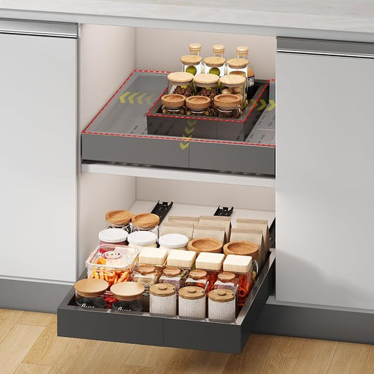 Fokyfok Pull out Cabinet Organizer,11"-16"W,17"-24"D,Expandable,Adhesive | No Drill,3 Rails,Adjustable Slide out Drawers for Kitchen,Pantry,Roll out Shelves,for Cabinets Without Lip,Bathroom,Black,1PC
