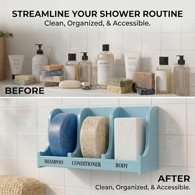 Soap Holder for Shower Wall, 3-Compartment Soap Dish for Shampoo, Conditioner and Body Soap, Fast Draining & Rust-Proof & Heavy Duty, Ultra-Strong Adhesive for Long-Term Bathroom Use & Freestanding