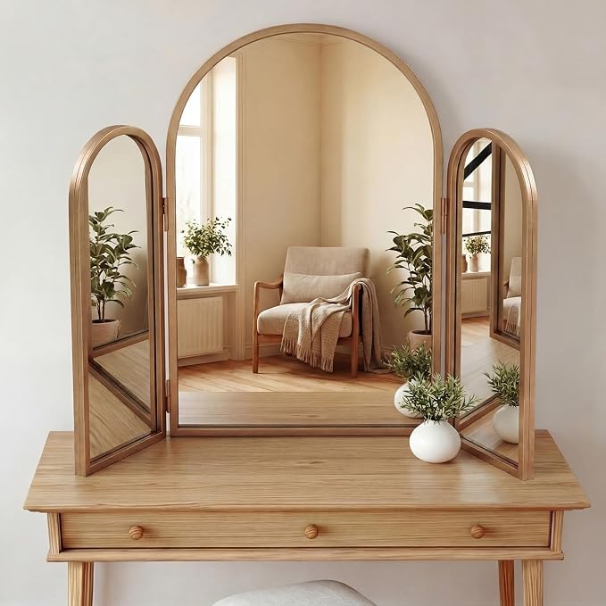 Trifold Vanity Mirrors 3 Way, 30 x 37 in Adjustable Trifold Mirror for Bathroom Bedroom, Decorative Folding 3 Sided Mirror Wall Mounted for Braiding Hair Makeup(Arched,Vintage Gold)