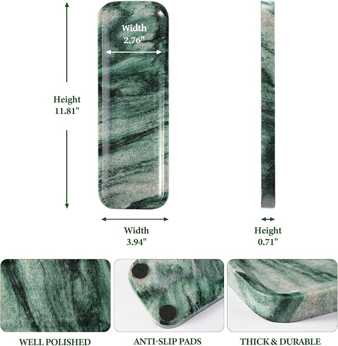 Marble Tray for Bathroom Sink, 12"x4" Natural Stone Vanity Tray for Kitchen Dresser Countertop, Rectangular Decorative Marble Tray for Jewelry Perfume Trinket(Green)