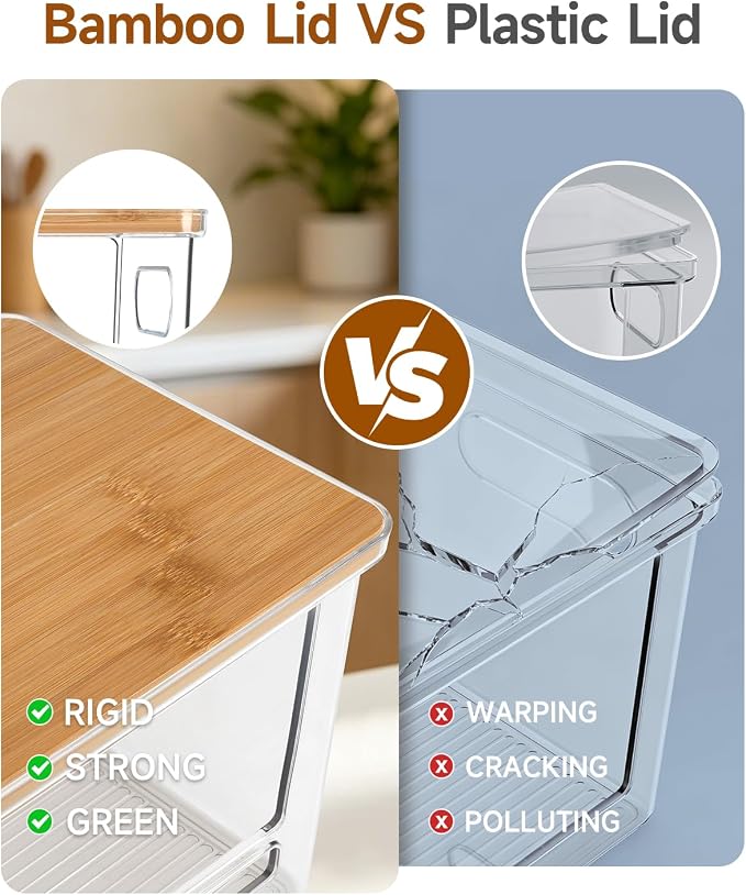 Trash Bag Dispenser 2 Pack - Under Sink Organizer, Plastic Bag Holder | Stackable Acrylic Garbage Bag Storage with Bamboo Lid for Kitchen Cabinet, 13/30/33 Gallon Grocery Bag Dispenser