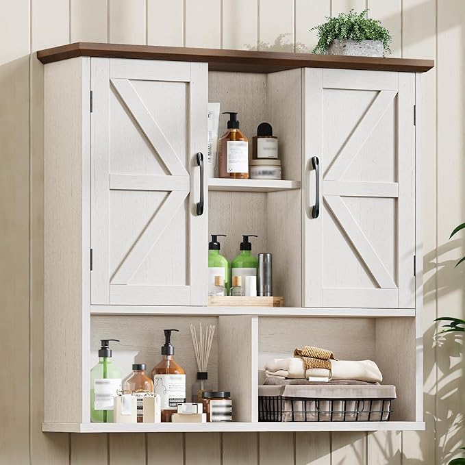 Vabches Bathroom Wall Cabinet, Farmhouse Medicine Cabinet with Double Barn Door and Adjustable Shelves, Wooden Vintage Storage Cabinet Wall Mounted for Bathroom, Kitchen Dining, Rustic White