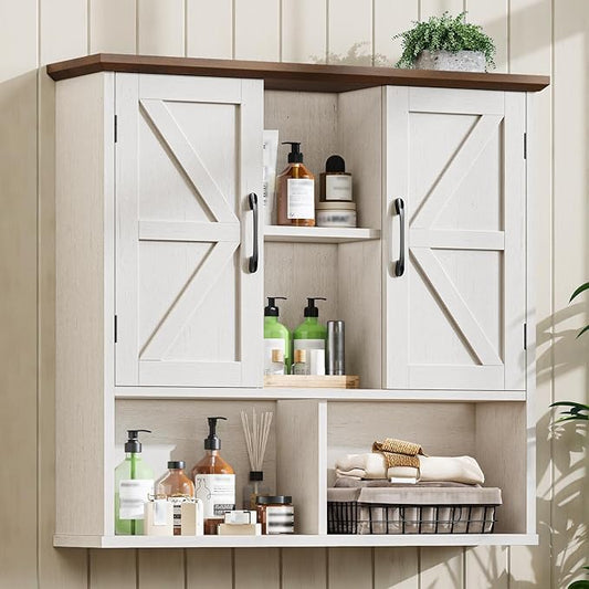 Vabches Bathroom Wall Cabinet, Farmhouse Medicine Cabinet with Double Barn Door and Adjustable Shelves, Wooden Vintage Storage Cabinet Wall Mounted for Bathroom, Kitchen Dining, Rustic White