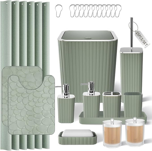 XLHOMO Bathroom Accessories Set - 25PC Sage Bathroom Set, Bathroom Set with Shower Curtain and Rugs, Sage Green Shower Curtain Set, Bathroom Accessory Set, Trash Can & Soap Dispenser