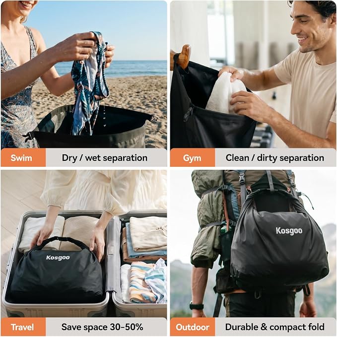 Travel Laundry Bag, Vacuum Compression Waterproof Dirty Clothes Bag | Pump-Free Space Saver Reusable Wet/Dry Storage, Odor Blocking, for Suitcase/Gym/Swim/Camp/Cruise/Dorm, 43x50cm 2pk Black