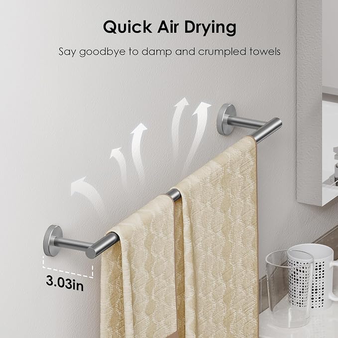 FORIOUS Bathroom Accessories, 4-Piece Bathroom Hardware Set - 24" Towel Bar | Brushed Nickel | Towel Hooks, Towel Racks for Bathroom, Toilet Paper Holder Wall Mounted, Towel Ring | SUS304 Stainless Steel