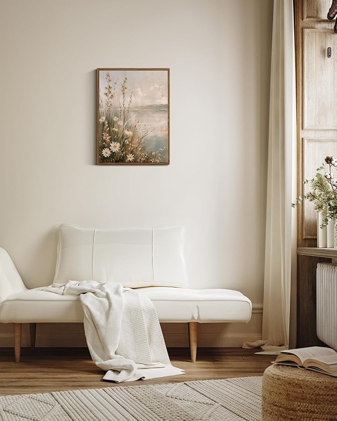 InSimSea Framed Canvas Wall Art Vintage Decor, Wildflowers Landscape Pictures Bathroom Wall Decor Aesthetic, Living Room Bedroom Flower Nature Home Decorations, 12x16inch