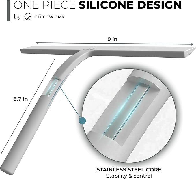 Silicone Shower Squeegee for Glass Doors & Mirrors with Stainless Steel Core, Streak-Free & No-Squeak Window Cleaning, 3-in-1 No-Drill Mount (Hook/Suction/Adhesive),White, 9 Inches