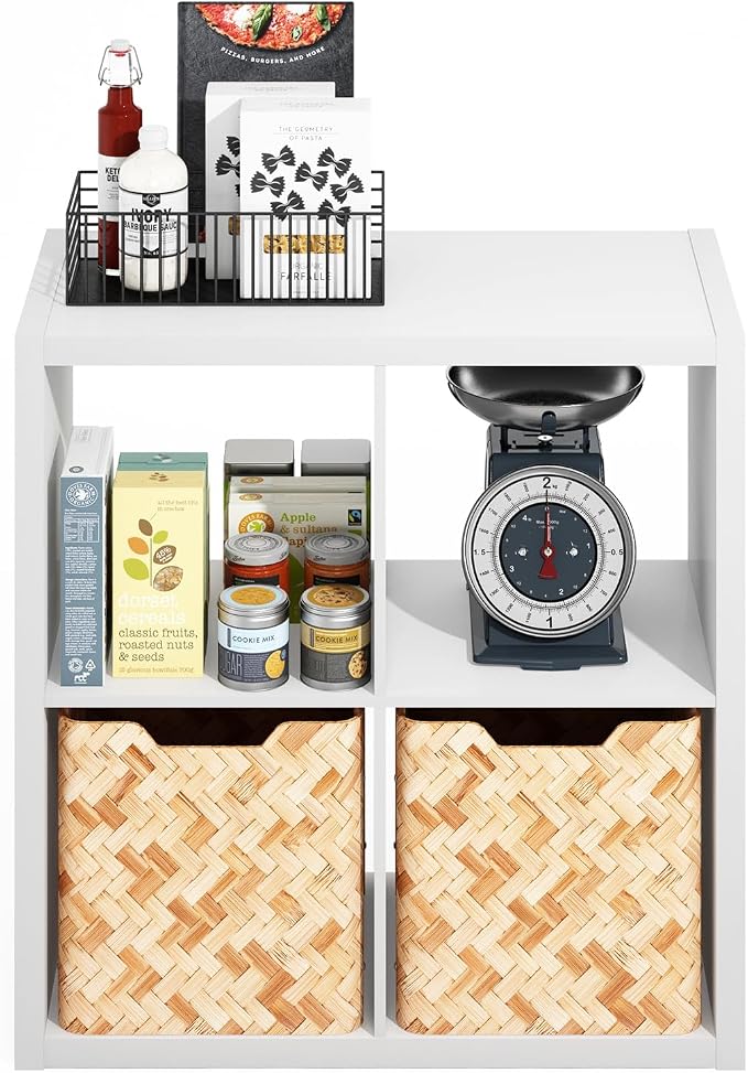 Furinno HERMITE Kitchen Island, 4-Cube Coffee Bar, Extra Thick Kitchen Storage, Bakers Rack, for Pantry Organizers and Storage, Kitchen Organization, White