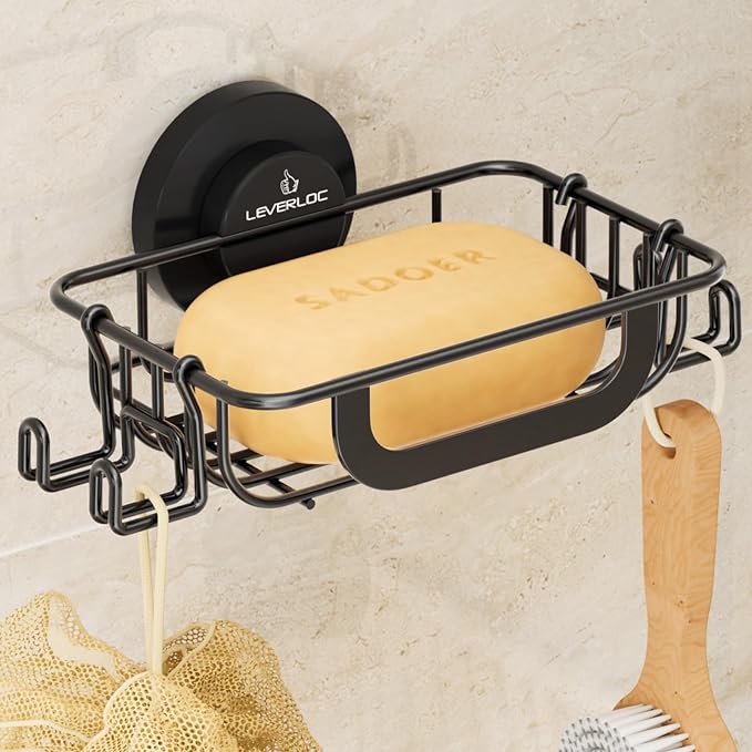 Bar Soap Holder with Hooks, Suction Cup Soap Dish Stainless Steel | Soap Holder Shower Wall Mounted, Soap and Razor Holder for Shower, Rustproof for Bathroom, Sponge Holder Saver, Black
