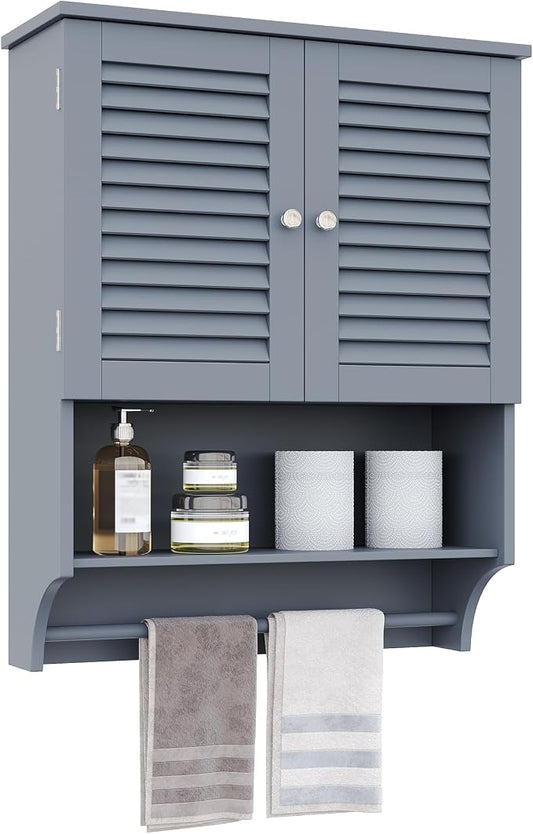 ChooChoo Bathroom Wall Cabinet with Towel Bar and Ample Storage | 23.6"L x 7.9"W x 27.5"H MDF Medicine Cabinet, Over The Toilet Space Saver Storage Cabinet with Adjustable Shelf, Grey