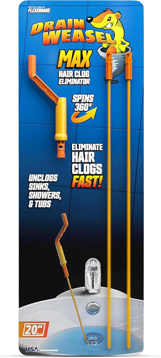 FlexiSnake Drain Weasel Max Sink Snake Hair Clog Remover Tool, 2 Wands | 20" Long Refills, Pipe, Bathroom, Bathtub Drain Cleaner, Removable Handle, Made in The USA