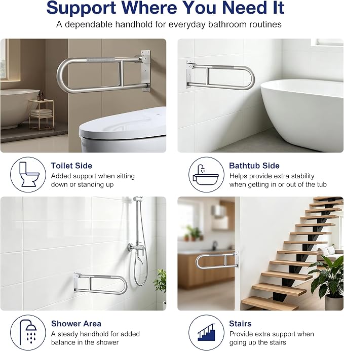 24 Inch Toilet Grab Bar-304 Stainless Steel Flip Up Handrail | Anti-slip grip| Brushed finish | Wall mount | Space saving fold up design | Template & hardware included
