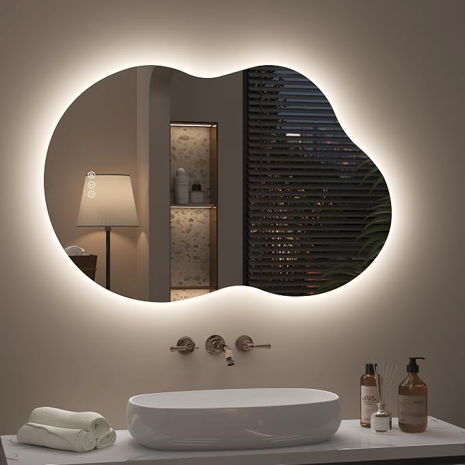 20x32 Inch Irregular Backlit Bathroom Mirror with Lights | Asymmetrical Lighted Vanity Mirror, Cloud-Shape, Anti-Fog, Dimmable, Memory, 3 Colors, ETL Listed (Horizontal/Vertical)