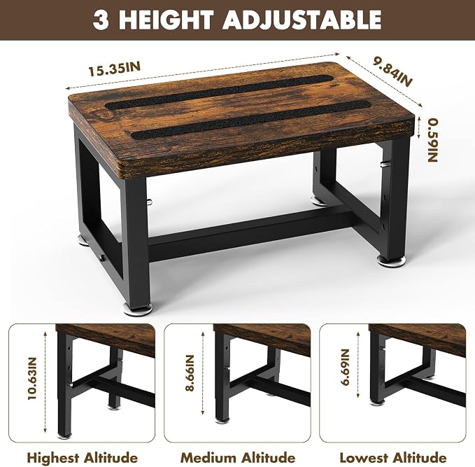 Step Stool, NomNest Height-Adjustable Wooden Step Ladder Metal Foot Stool Small Kitchen Stool Helper for Toddler Adults, Ladder Chair for Home Bedside Bathroom Sink Potty