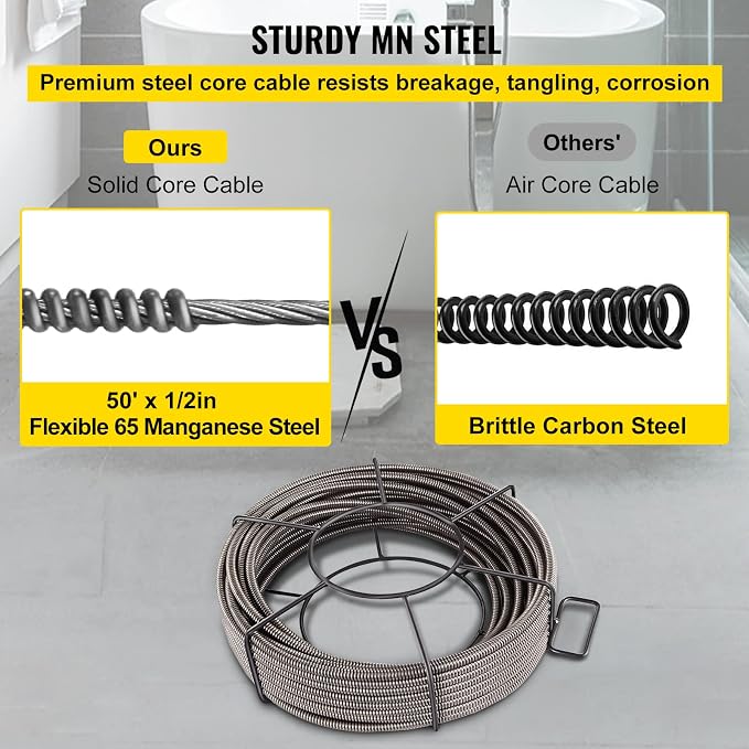 VEVOR Drain Cleaning Cable 50ft x 1/2 inch Solid Core Cable Sewer Cable, Drain Auger Cable Cleaner, Snake Clog Pipe Drain Cleaning Cable W/Four Shapes of Cutters