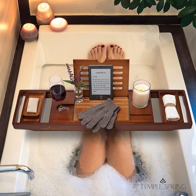 Bamboo Bathtub Tray Caddy for Tub — Expandable Wood Bath Tray with Solid Book Stand Wine Holder and Non-Slip Pads — Includes Bamboo Soap Dish and Spa Accessories — Luxury Bath Gift Set