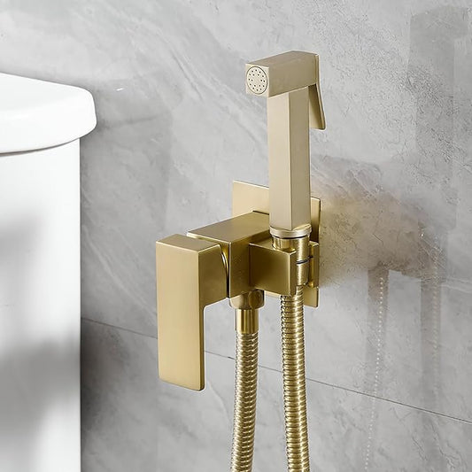 Wall Mounted Bidet Sprayer Set for Toilet with Hot & Cold Water | Warm Water Bidet Sprayer Faucet,Brass Valve,Handheld Bidet Attachment Set for Bathing Pets and Feminine Hygiene,Brushed Gold